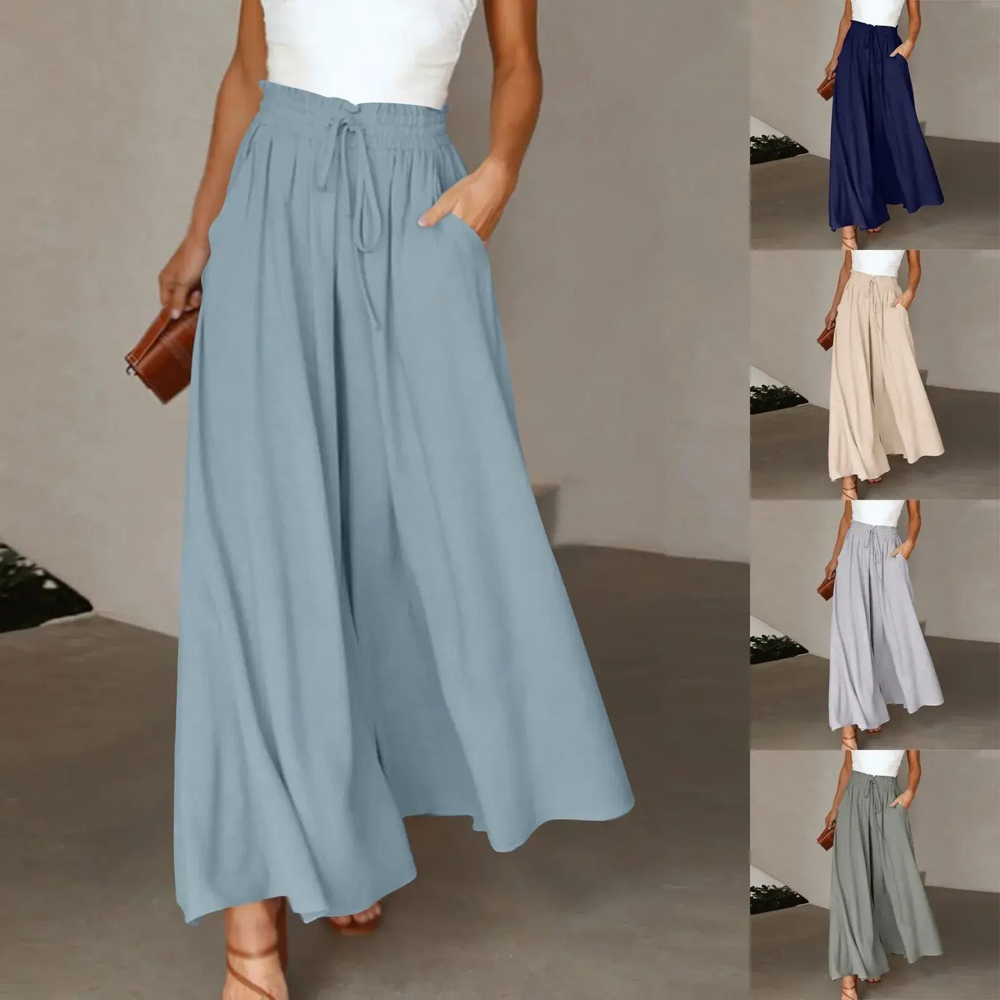 Pants Solid Color Elastic High Waist Wide Leg Trousers