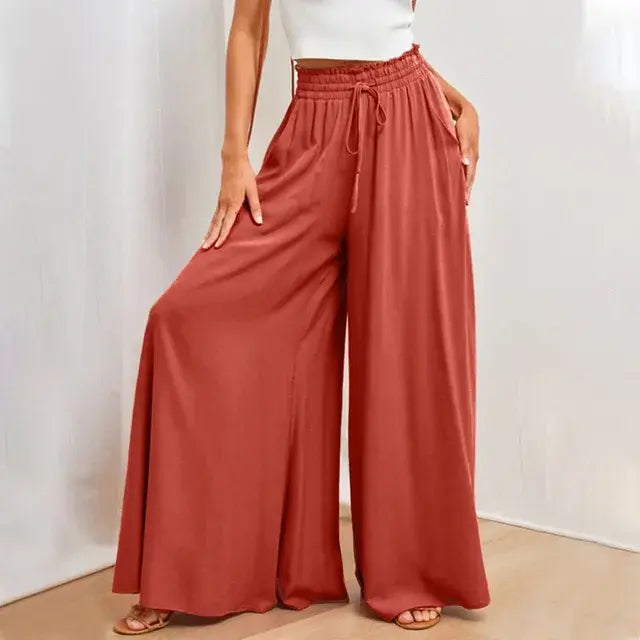 Pants Solid Color Elastic High Waist Wide Leg Trousers