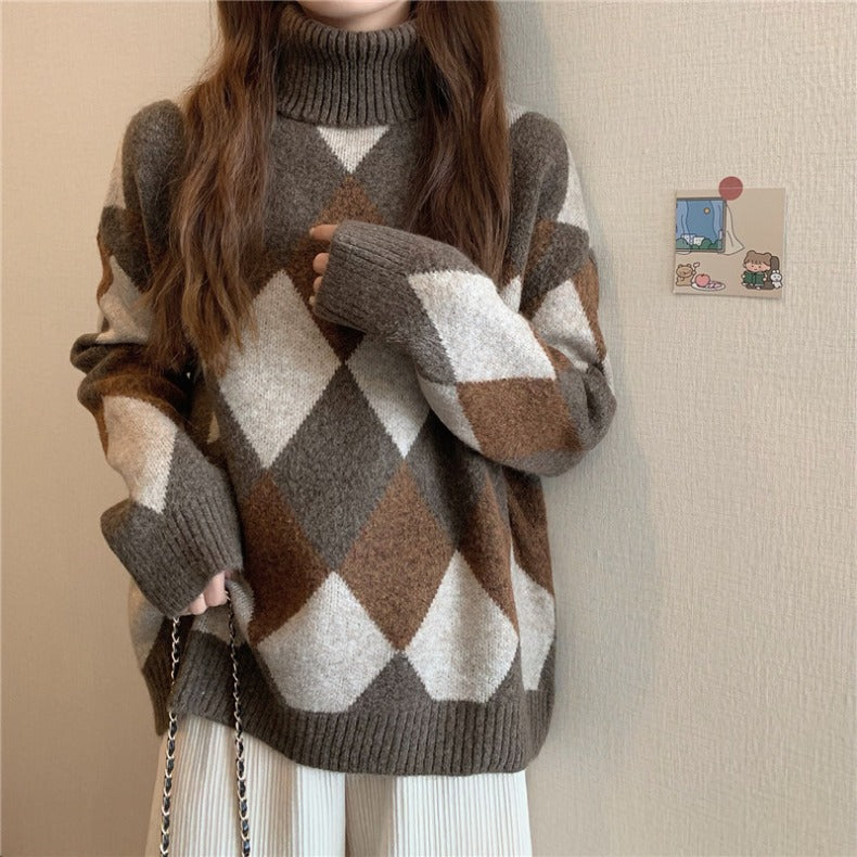 Diamond Plaid Warm Turtleneck Sweaters