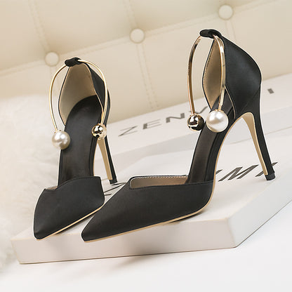 Satin Hollow-out Pointed Toe Metal Strap Sandals