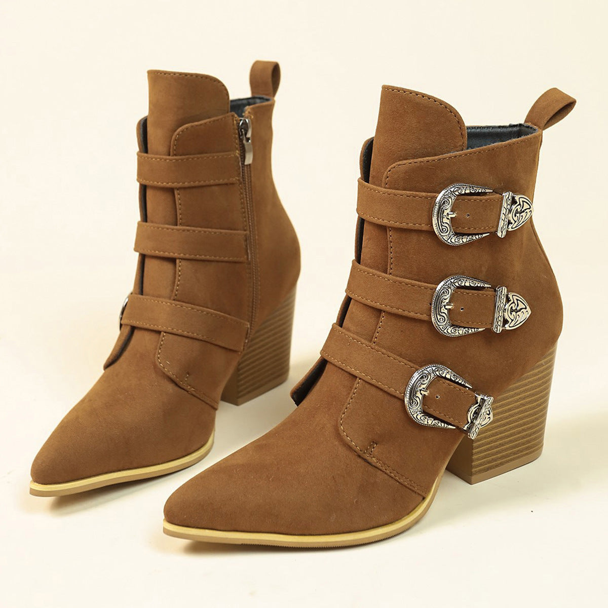 Chunky Heel Pointed Toe Boots With Belt Buckle