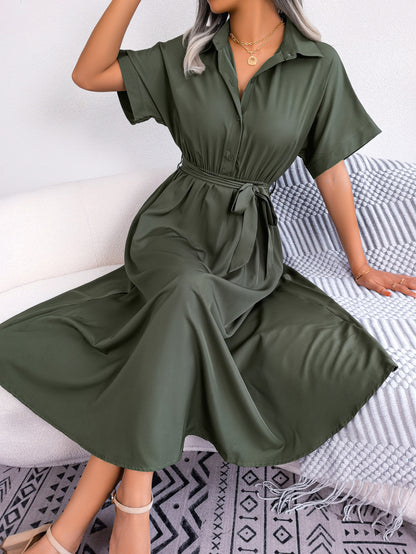 Leisure Loose Pure Color Tied Shirtdresses