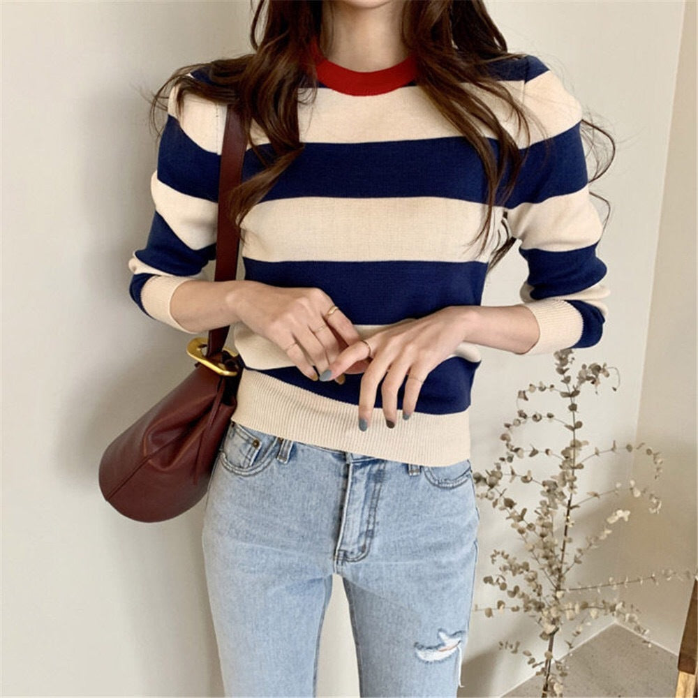 Retro Outer Wear Pullover Horizontal Striped Sweater Women