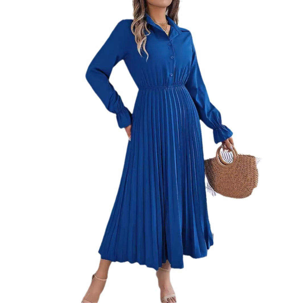 Leisure Lapel Button Long Sleeve Cinched Pleated Dresses