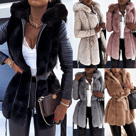 Fur hooded jackets with belt