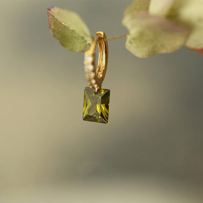 Olive Green Rectangular Rhinestone Earrings