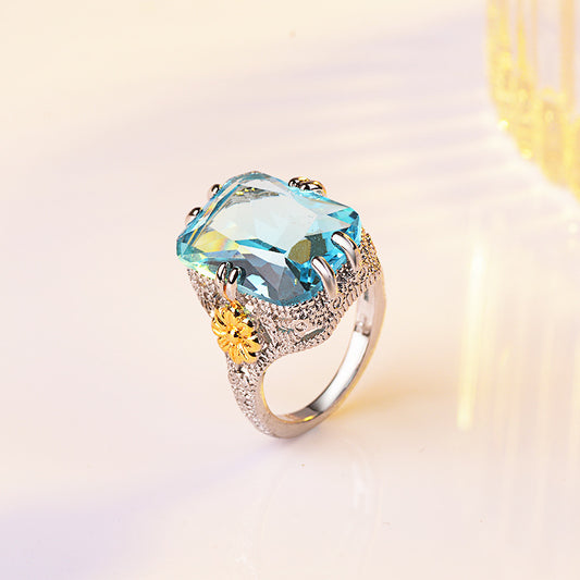 Ocean Blue Elegant Diamond Princess Ring For Women