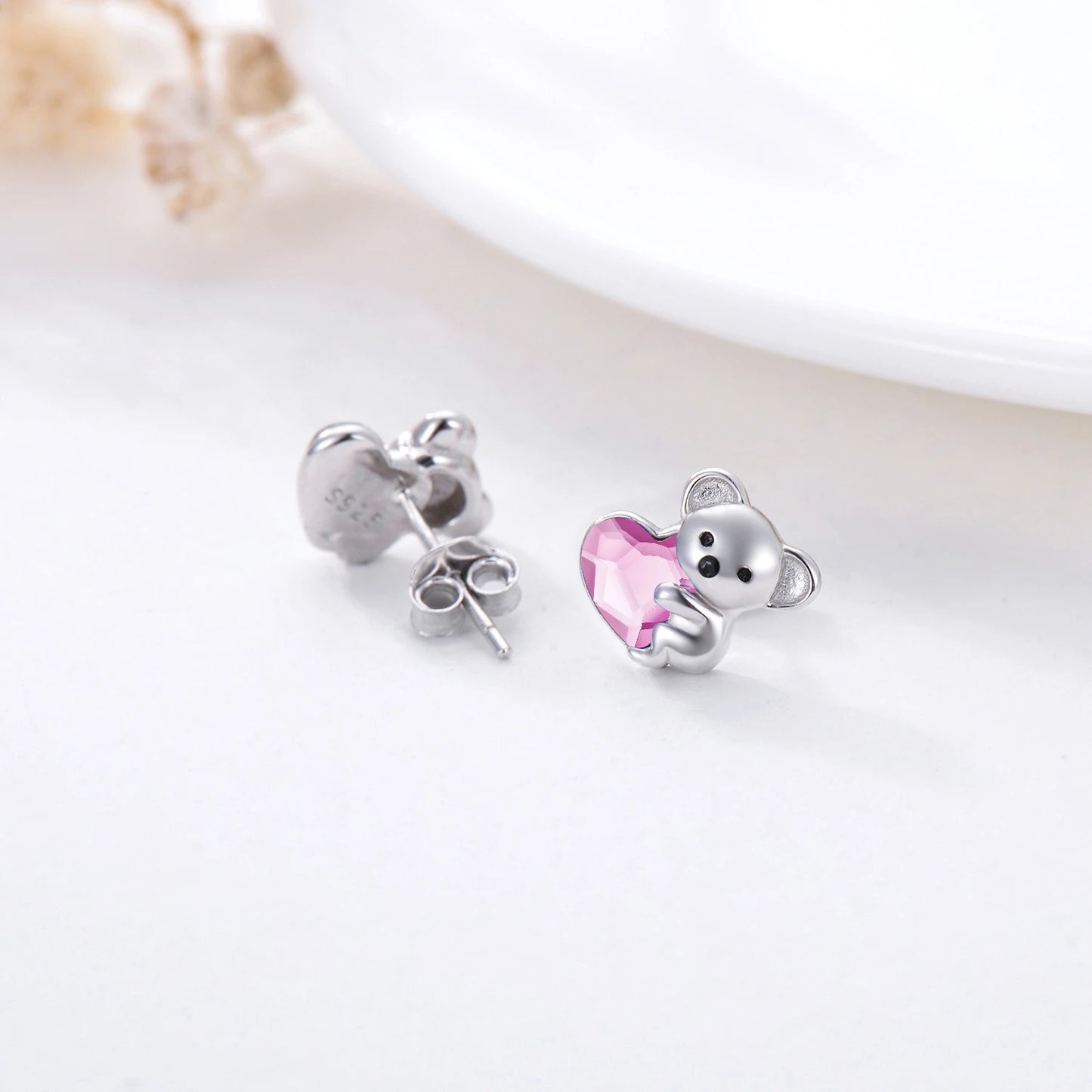 Silver Koala Bear Heart Crystal Earrings