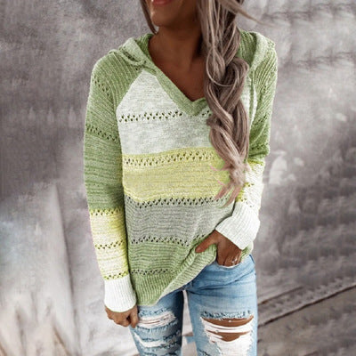 Color Matching Long-sleeved Hooded V-neck Sweaters