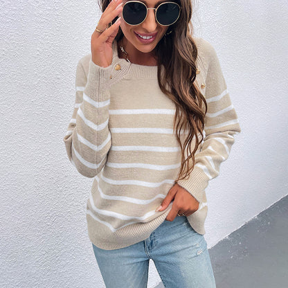 Striped Knit Shoulder Button Sweaters