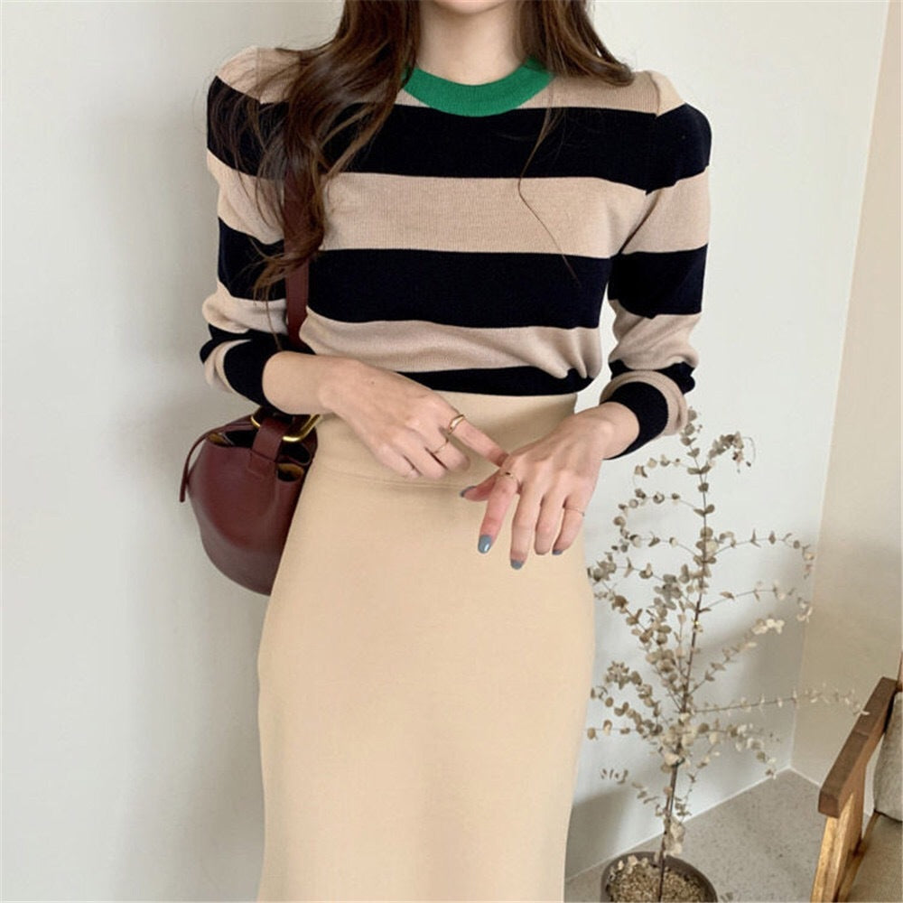 Retro Outer Wear Pullover Horizontal Striped Sweater Women