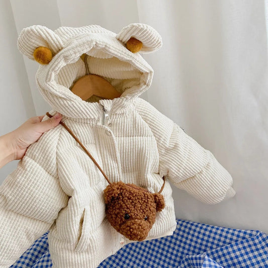 Cute Cotton Hooded Jackets With Bear Bag