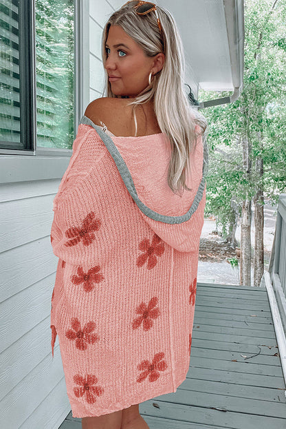 Loose Hooded Floral Printed Knitted Sweaters