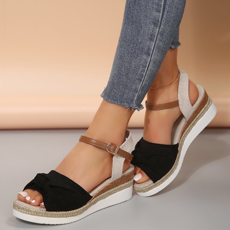 Casual Linen Buckle Wedges Bow Sandals