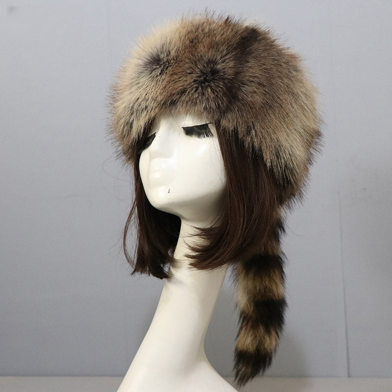 Raccoon Tail Warm Earflaps Cap Female