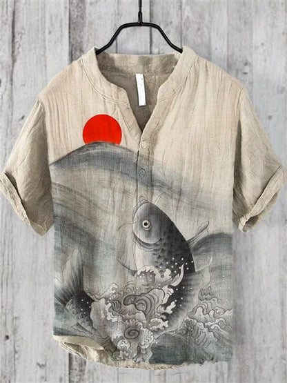 Camisas de lino de manga corta informales con estampado de peces