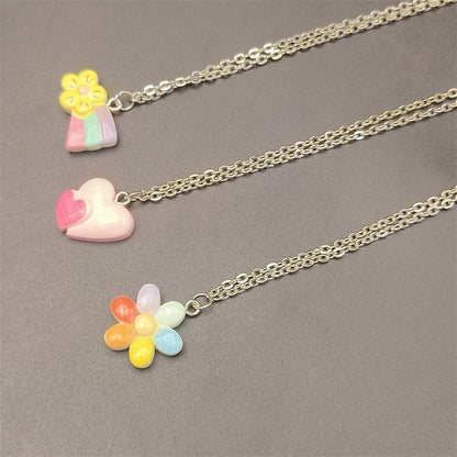 Dopamine Color Cute Sweet Loving Heart Flowers Rainbow Pendant Necklace Simple Cross Chain