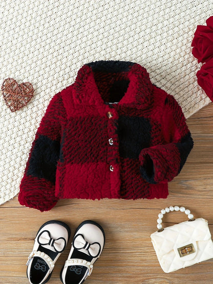 Girls' Lapel Plaid Velvet Coats