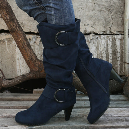 High Tube Below The Knee Round Head Buckle Boots