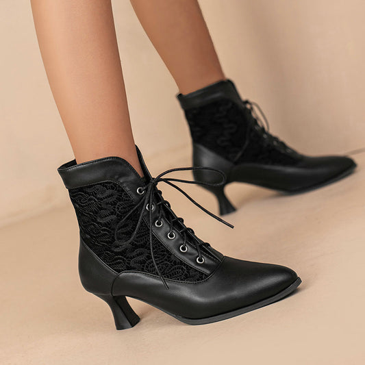 Kitten Heel Lace Hollow-out Front Lace-up Boots