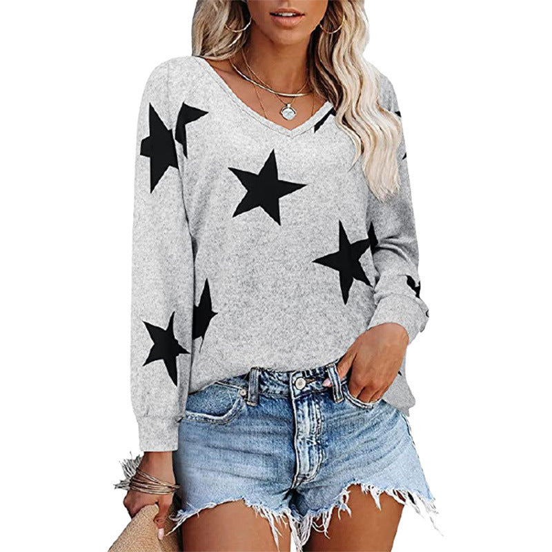 Five-pointed Star Print V-neck Long-sleeved T-shirts