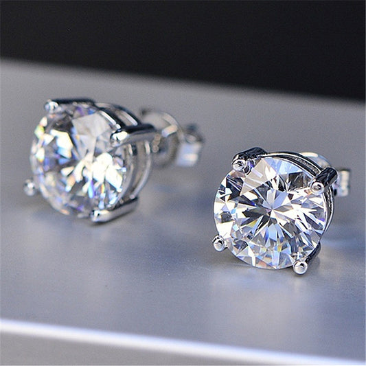 White Diamond Round Cut Four-claw Stud Earrings