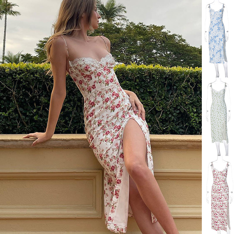 Vestidos largos de verano sexy con estampado de flores de encaje