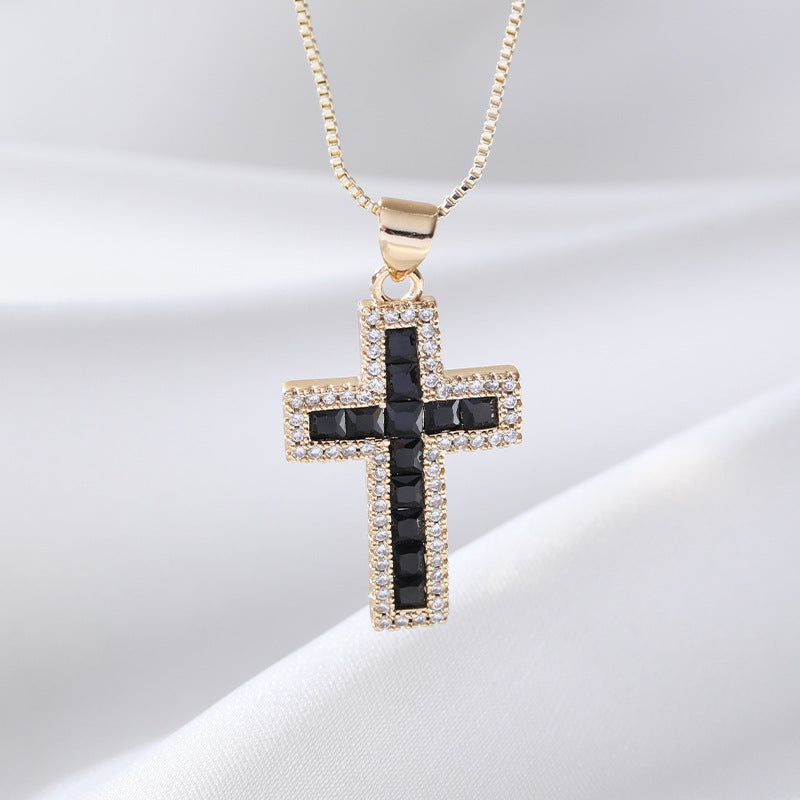 Copper Micro Inlaid Zircon Cross Necklace Religious Design Hip Hop Style