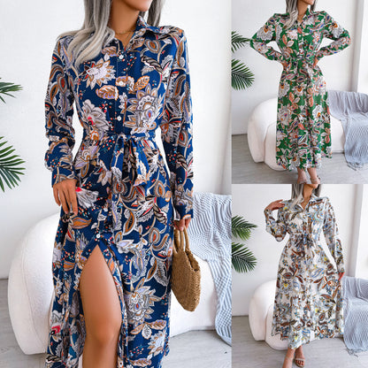 Retro Flower Lapel Tied Shirt Dresses