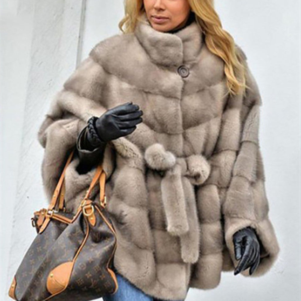 Solid Faux Fur Jackets Stand Collar Loose Belt