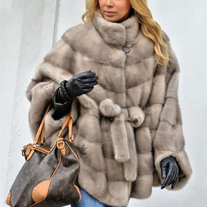 Solid Faux Fur Jackets Stand Collar Loose Belt