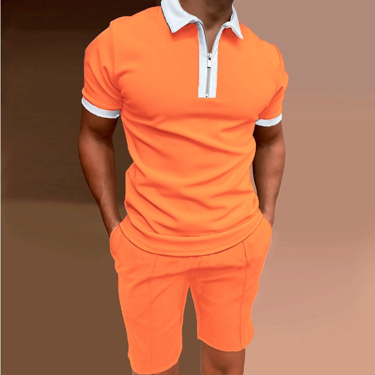 Slim-fit Zipper Lapel Pullover Men's Polo Shirts + Shorts