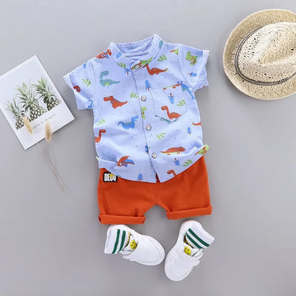 Cartoon Dinosaur Print Toddler Boy Summer Set: Shirt + Pants