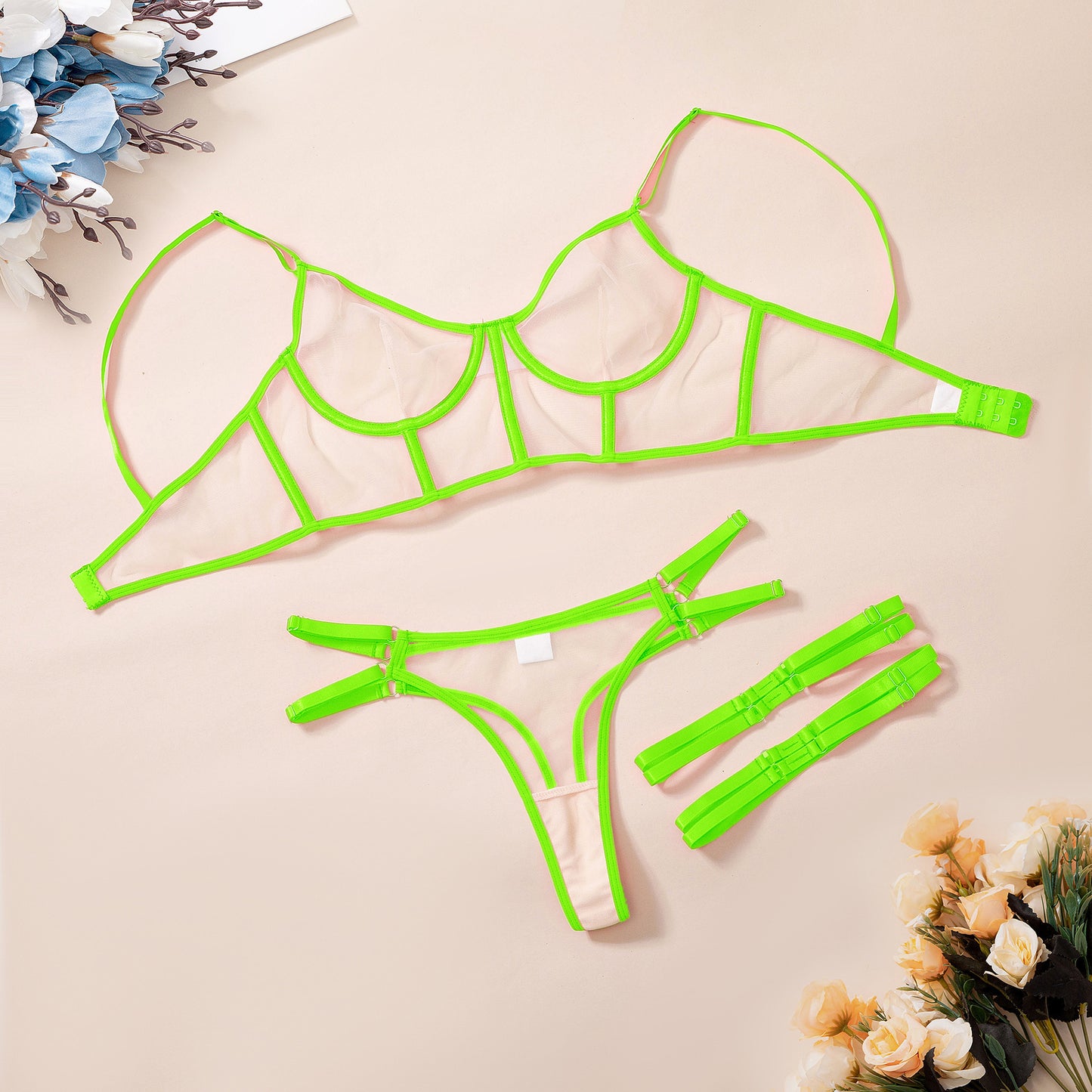 Lace Mesh Fluorescent Lingerie Set