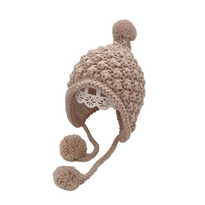 Handmade Flower Fake Braids Thickened Baby Knitted Hat