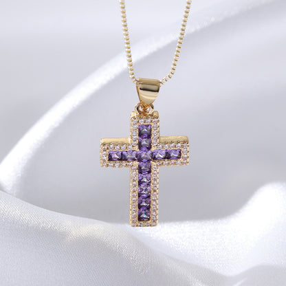 Copper Micro Inlaid Zircon Cross Necklace Religious Design Hip Hop Style