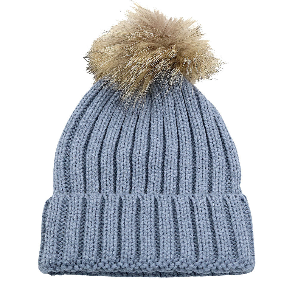 Fur Ball Knitted Hat Warm And Thick Woolen Cap