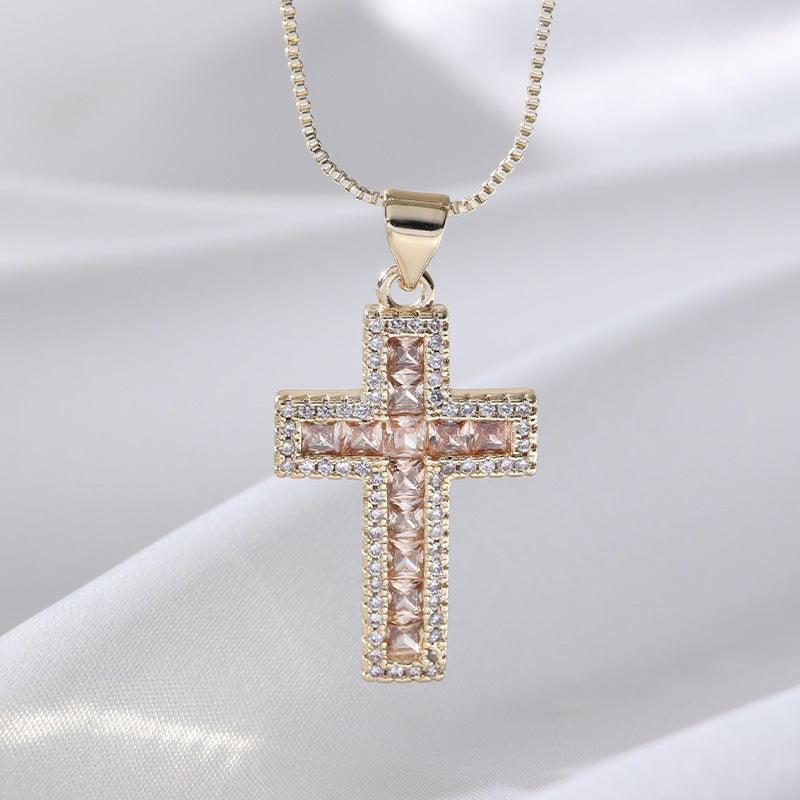 Copper Micro Inlaid Zircon Cross Necklace Religious Design Hip Hop Style