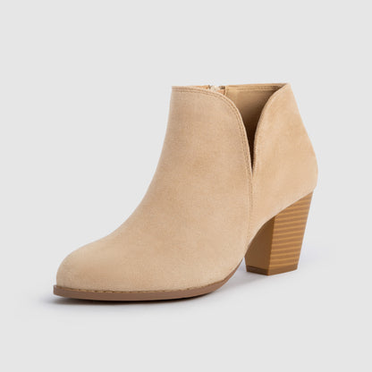 Suede V Cut Side Zipper Round Head Chunky Heel Ankle Boots