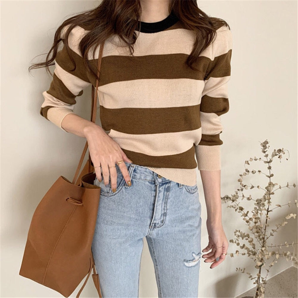 Retro Outer Wear Pullover Horizontal Striped Sweater Women