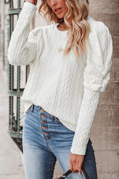 Solid Color Jacquard Round Neck Puffed Sleeve Knitted Sweater For Women