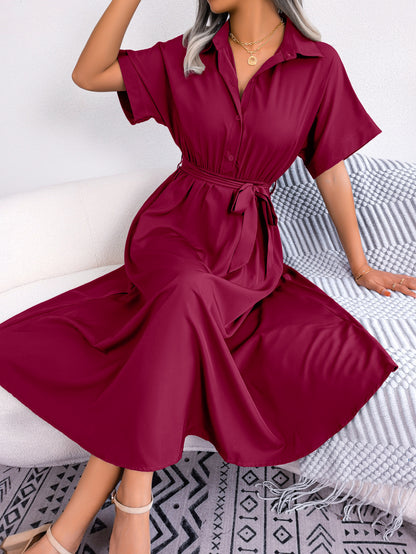 Leisure Loose Pure Color Tied Shirtdresses