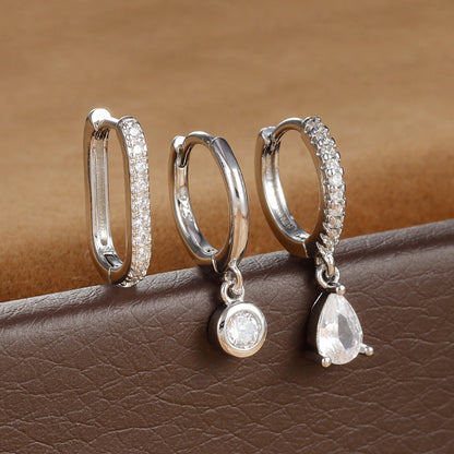 Fashion Diamond Oval Square Three-piece Earrings