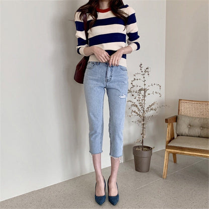 Retro Outer Wear Pullover Horizontal Striped Sweater Women