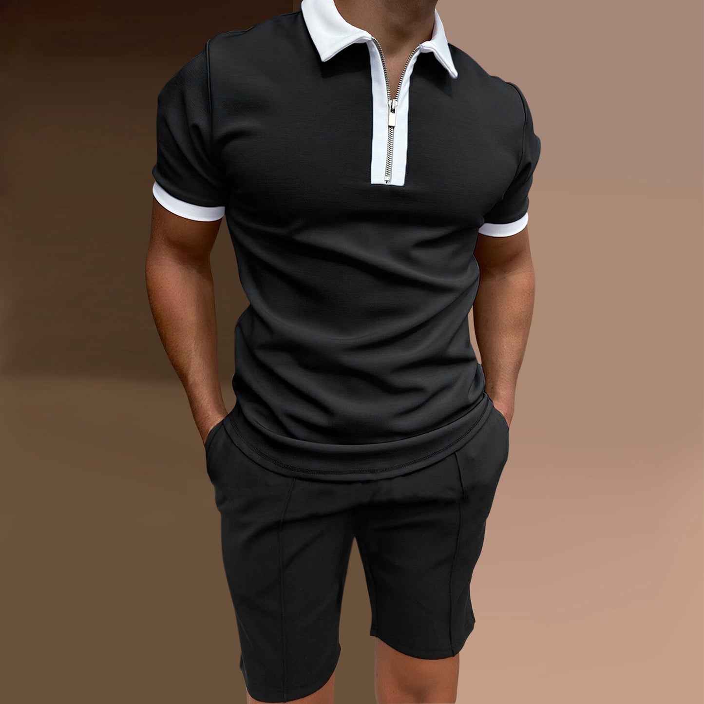 Slim-fit Zipper Lapel Pullover Men's Polo Shirts + Shorts