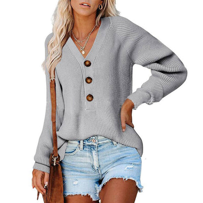 Button Knitted V-neck Sweaters