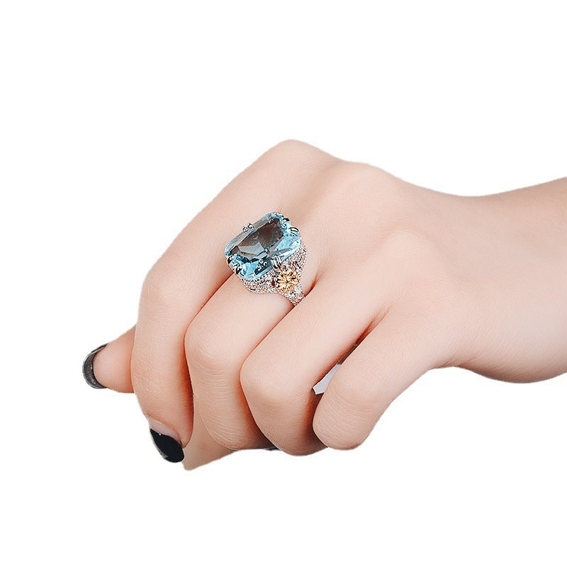 Ocean Blue Elegant Diamond Princess Ring For Women