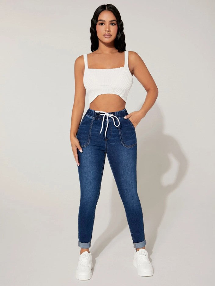 Drawstring Elastic Waist High Skinny Jeans