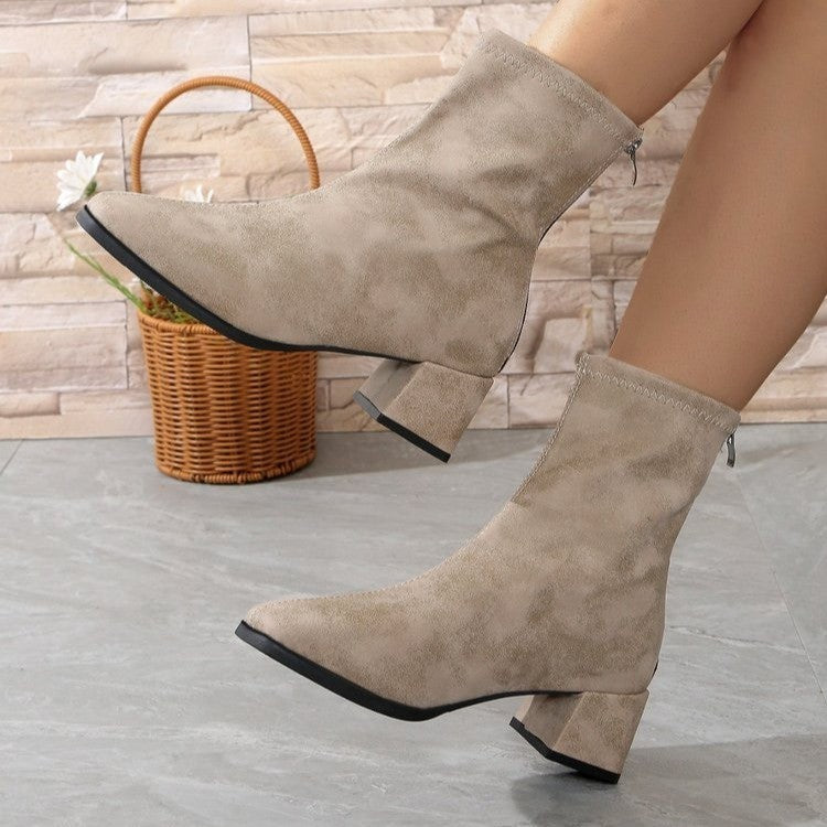 Square Toe French Chunky Heel Solid Color Boots