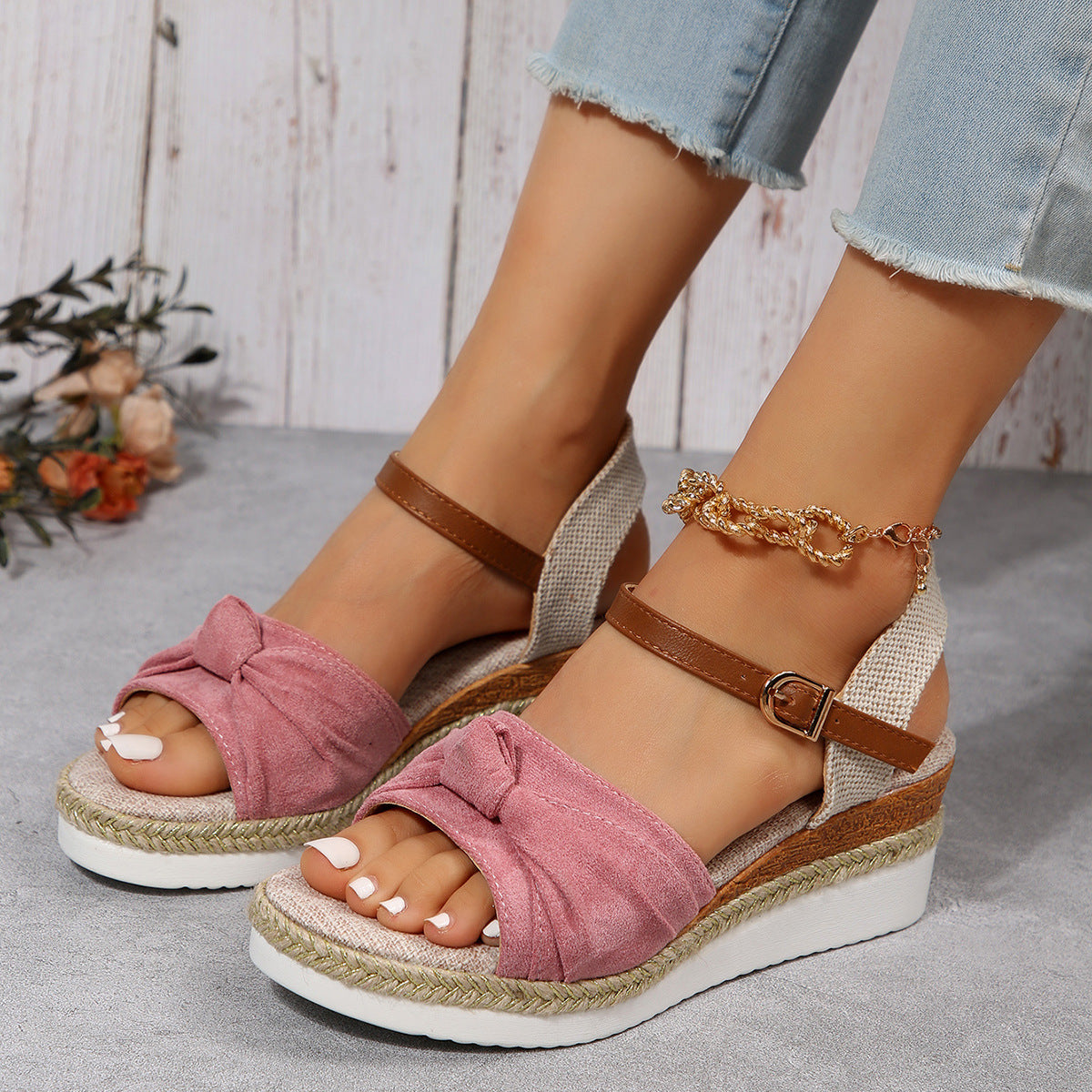 Casual Linen Buckle Wedges Bow Sandals